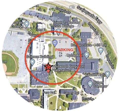 map of Buffalo State campus focused on planetarium and adjacent parking lot
