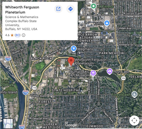 Map showing the location of the Whitworth Ferguson Planetarium on Buffalo State University's campus.