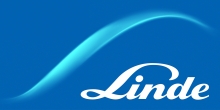 Logo of Linde featuring a white cursive font against a blue background, with a smooth, flowing wave-like design.