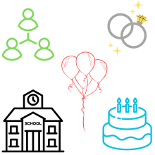 icons for a school, balloons, birthday cake, rings, and connected people